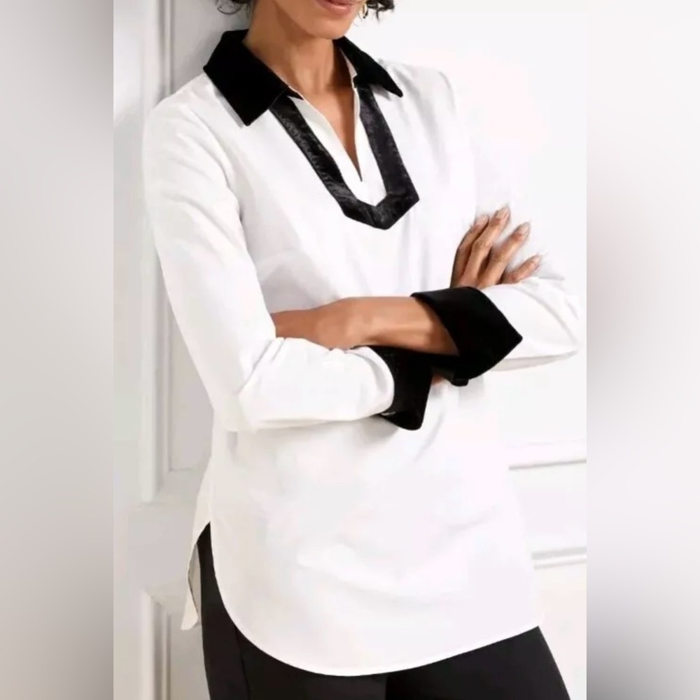 Talbots Velvet Trim Poplin Tunic Toxedo Top Blouse Size L Black White Cotton